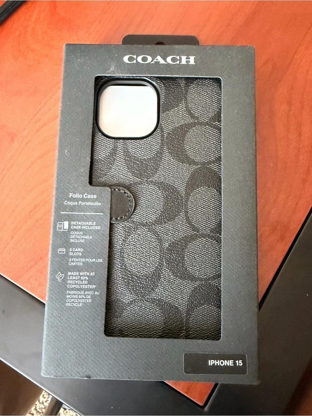 COACH Black Signature Folio Case for iPhone 15 with Card Slots